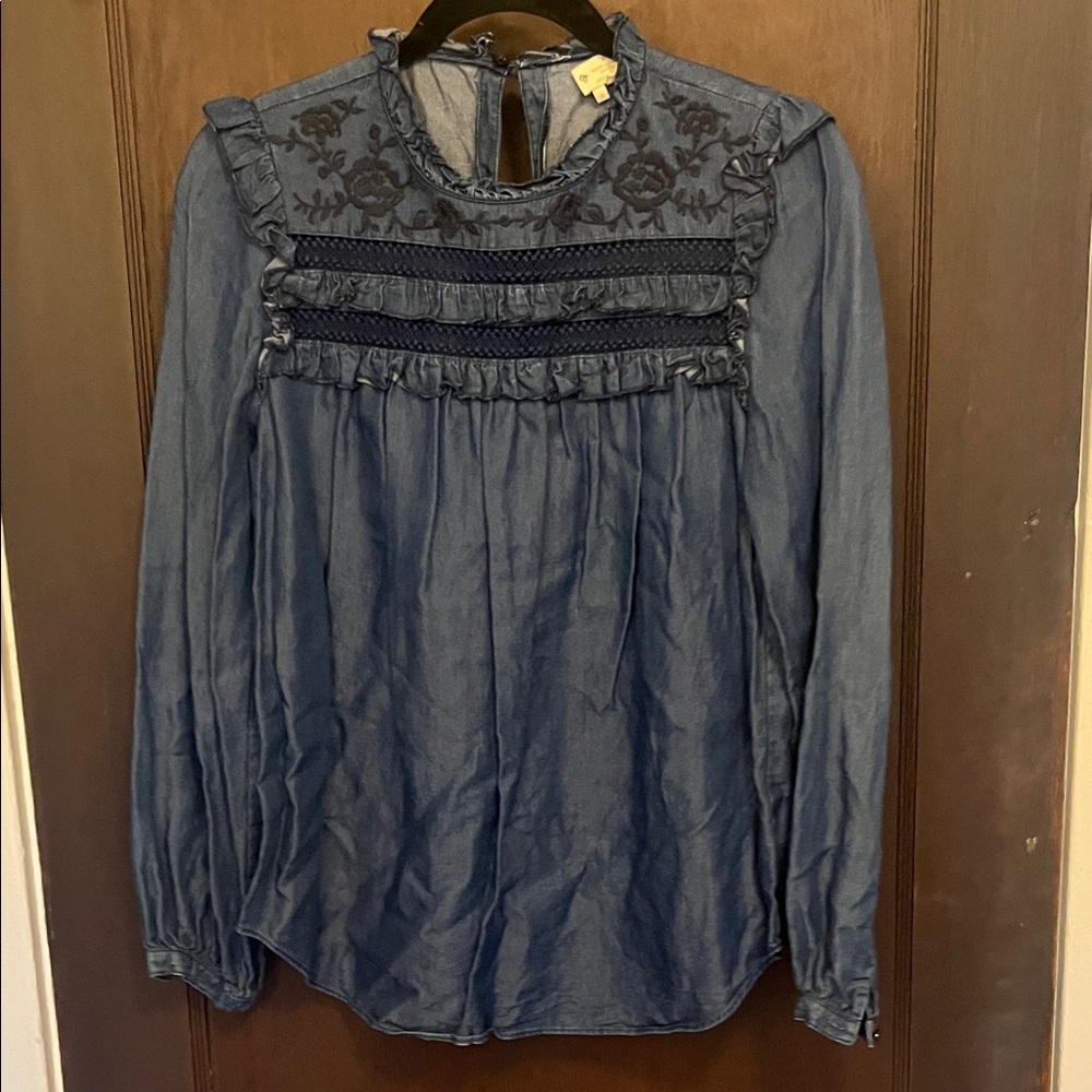 Kate Spade Denim Blue Blouse with Black Detailing